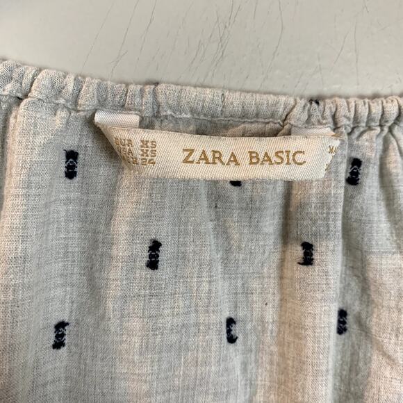 Zara Basic Boho Tunic Top Blouse Oatmeal Navy Blue Embroider Tassel Bib XS - Picture 7 of 8